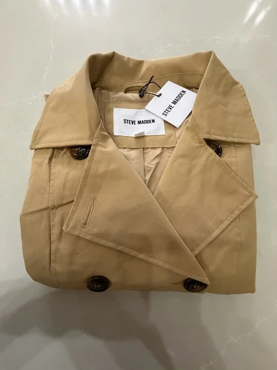 NWT Steve Madden Short Double-Breasted Trench Coat in Tan, L - Picture 8 of 10